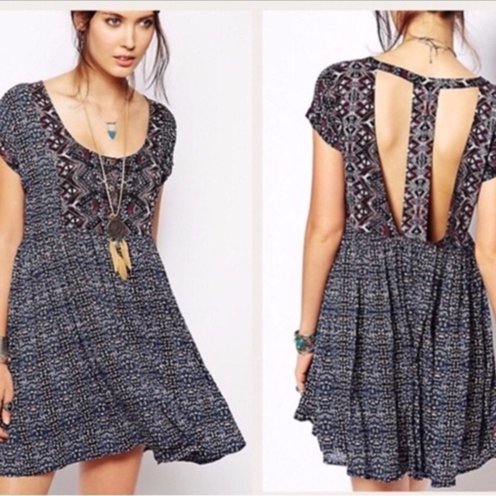 Free people Sundown blue and brown Y2K baby doll shortsleeved mini dress. Sm…